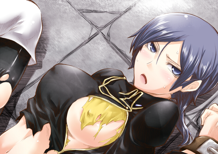 10s 1girl areola_slip blue_eyes blue_hair breasts covered_erect_nipples devil_survivor_(series) devil_survivor_2 female_focus imminent_rape lying matching_hair/eyes on_back open_mouth restrained sako_makoto segami_daisuke short_hair solo sweat torn_clothes wardrobe_malfunction
