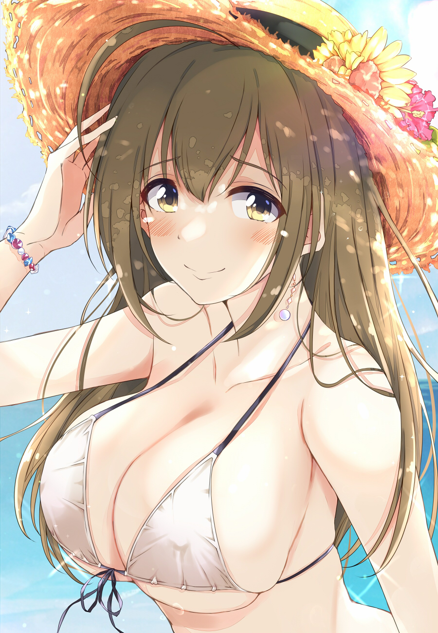 1girl ahoge bikini blush breasts brown_eyes brown_hair cleavage collarbone curvy earrings flower hat highres hitotsuki_nanoka huge_ahoge idolmaster idolmaster_shiny_colors jewelry kuwayama_chiyuki large_breasts long_hair looking_at_viewer ocean oversized_clothes single_earring smile solo sparkle straw_hat string_bikini sunflower swimsuit