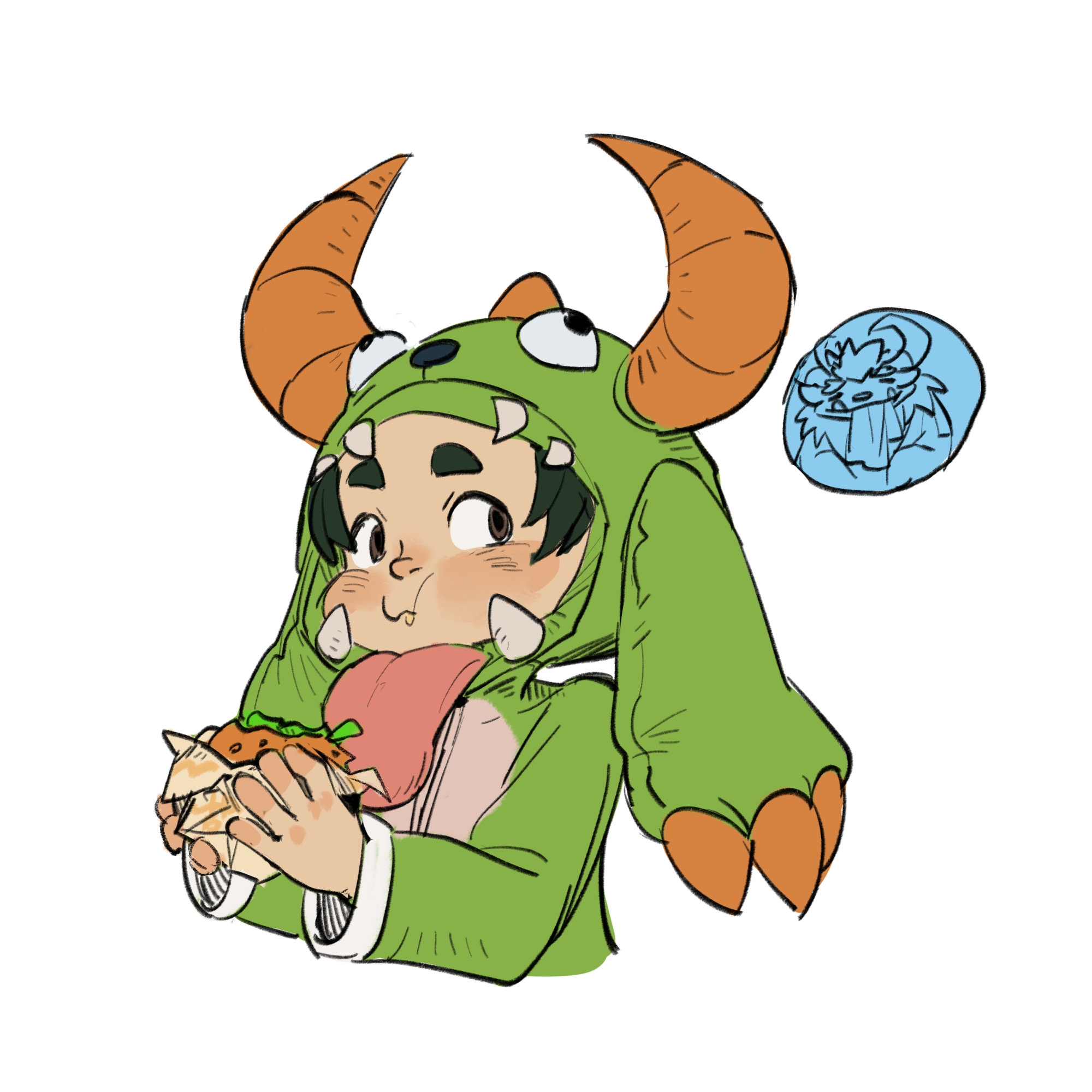 1boy blush brown_hair cropped_torso eating food ghostgrass green_pajamas grungy_nunu highres holding holding_food horns league_of_legends long_sleeves looking_at_viewer male_focus nunu_(league_of_legends) pajamas solo upper_body willump