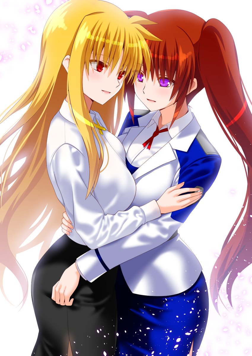 2girls black_skirt blonde_hair blue_skirt blush breasts brown_hair engo_(aquawatery) fate_testarossa highres hug large_breasts long_hair looking_at_another lyrical_nanoha mahou_shoujo_lyrical_nanoha_strikers military_uniform miniskirt multiple_girls open_mouth purple_eyes red_eyes side_ponytail simple_background skirt smile takamachi_nanoha tsab_air_military_uniform tsab_executive_military_uniform white_background yuri