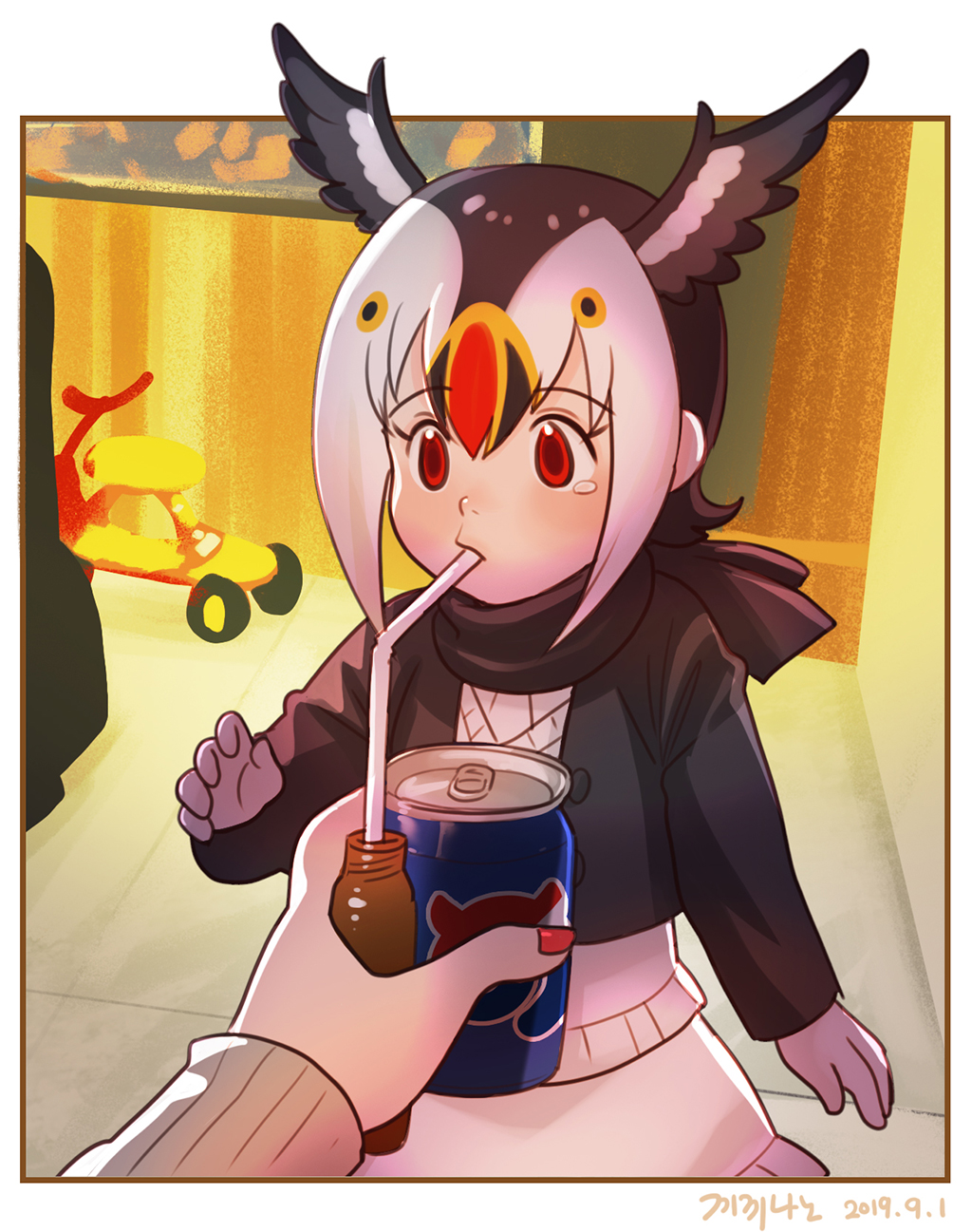 1girl atlantic_puffin_(kemono_friends) bird_wings black_hair black_jacket black_scarf can commentary_request dated drink_can drinking_straw head_wings highres jacket kemono_friends long_sleeves medicine_bottle multicolored_hair photo-referenced pov pov_hands red_eyes roonhee scarf soda_can solo_focus white_hair wings