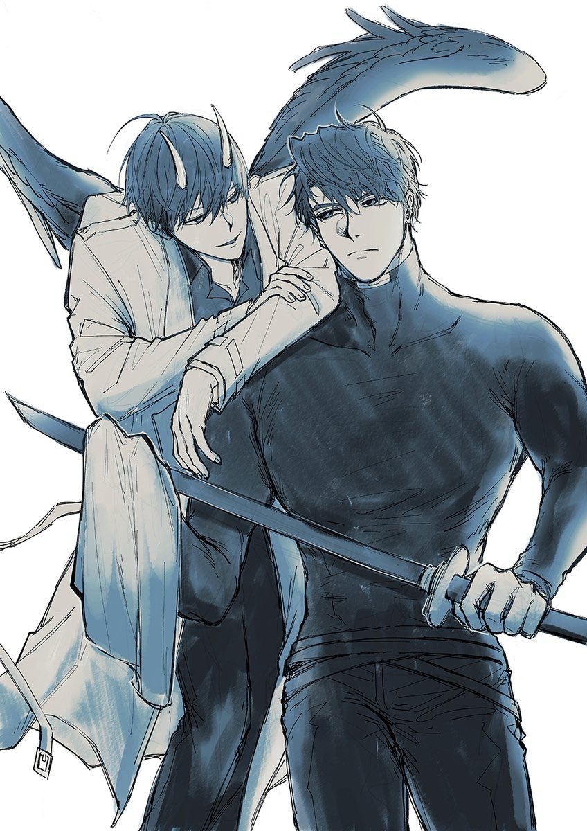 2boys arm_over_shoulder backlighting black_hair black_shirt black_wings cleaning_rag cleaning_sword coat cowboy_shot curtained_hair demon_horns feathered_wings floating flying grin hand_on_own_arm highres holding holding_sword holding_weapon horns kim_dokja leaning_on_person looking_at_another multiple_boys official_alternate_costume omniscient_reader&#039;s_viewpoint raya_(000_unseen) shirt short_hair smile sword weapon white_coat wings yoo_joonghyuk