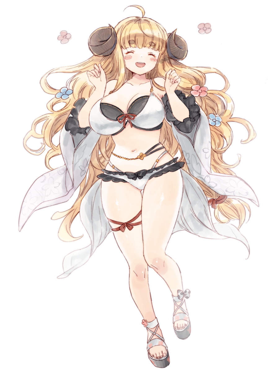 1girl ahoge anila_(granblue_fantasy) anila_(summer)_(granblue_fantasy) bare_shoulders bikini blonde_hair blush_stickers breasts cleavage closed_eyes collarbone detached_sleeves draph ekra full_body granblue_fantasy highres horns large_breasts leg_ribbon long_hair navel open_mouth platform_footwear ribbon sheep_horns short_eyebrows skindentation smile solo swimsuit thick_eyebrows thick_thighs thigh_ribbon thighs very_long_hair