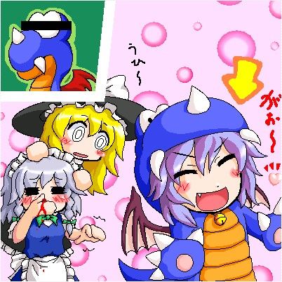 3girls blonde_hair blood blush censored cosplay fang female_focus hat censored_identity izayoi_sakuya kirisame_marisa lowres maid maid_headdress mario_(series) multiple_girls nintendo noise_bleed purple_hair remilia_scarlet rex_(mario) super_mario_bros._1 super_mario_world touhou wings witch_hat