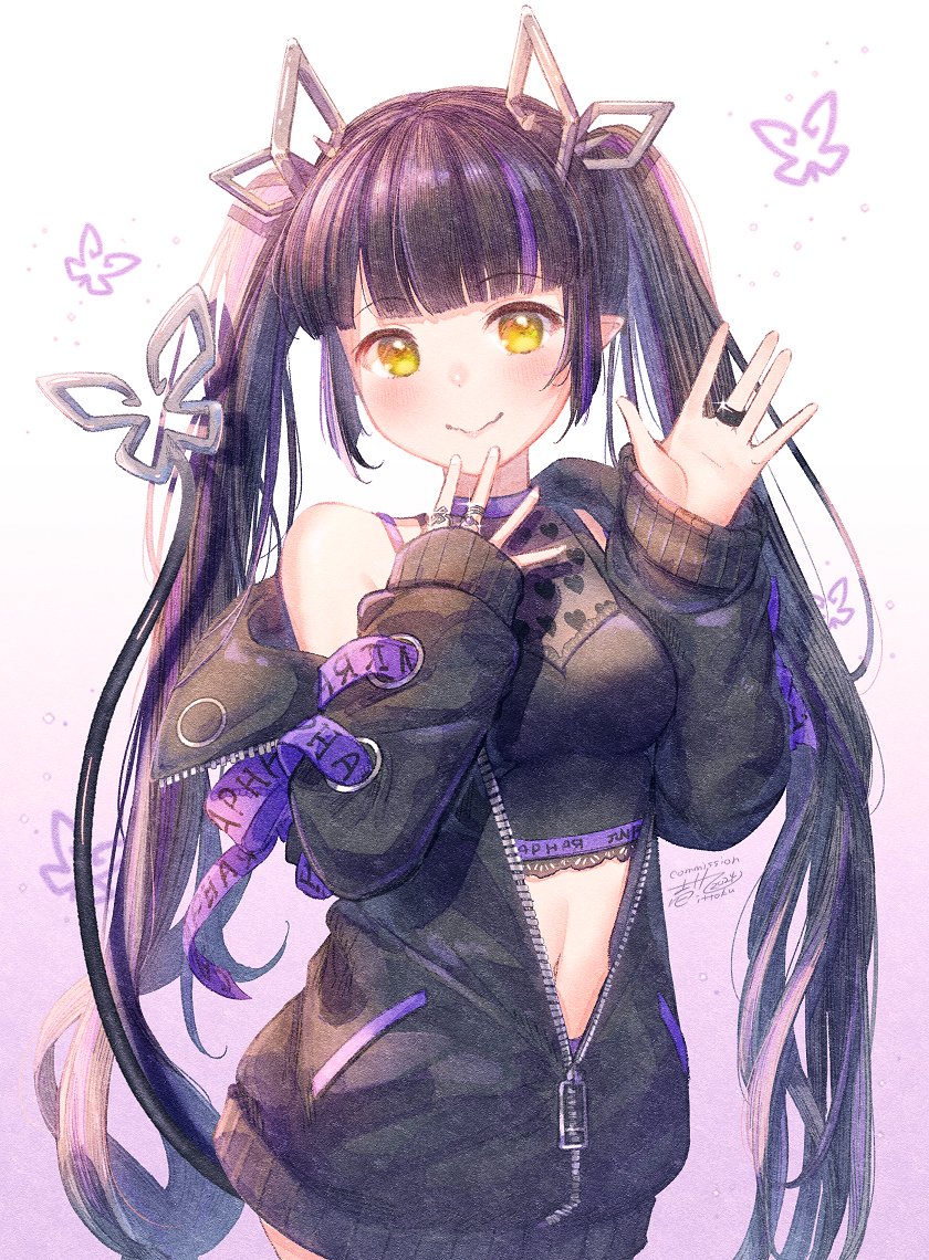 1girl black_hair black_jacket black_shirt blunt_bangs blush breasts closed_mouth commentary_request commission cowboy_shot crop_top demon_girl demon_horns demon_tail glint gradient_background heart heart_print horns ittokyu jacket jewelry kojo_anna kojo_anna_(1st_costume) long_hair long_sleeves looking_at_viewer medium_breasts midriff multicolored_hair nanashi_inc. navel off_shoulder open_clothes open_jacket pointy_ears print_shirt purple_background purple_hair ring shirt sleeveless sleeveless_shirt smile solo tail twintails two-tone_hair virtual_youtuber waving yellow_eyes zipper