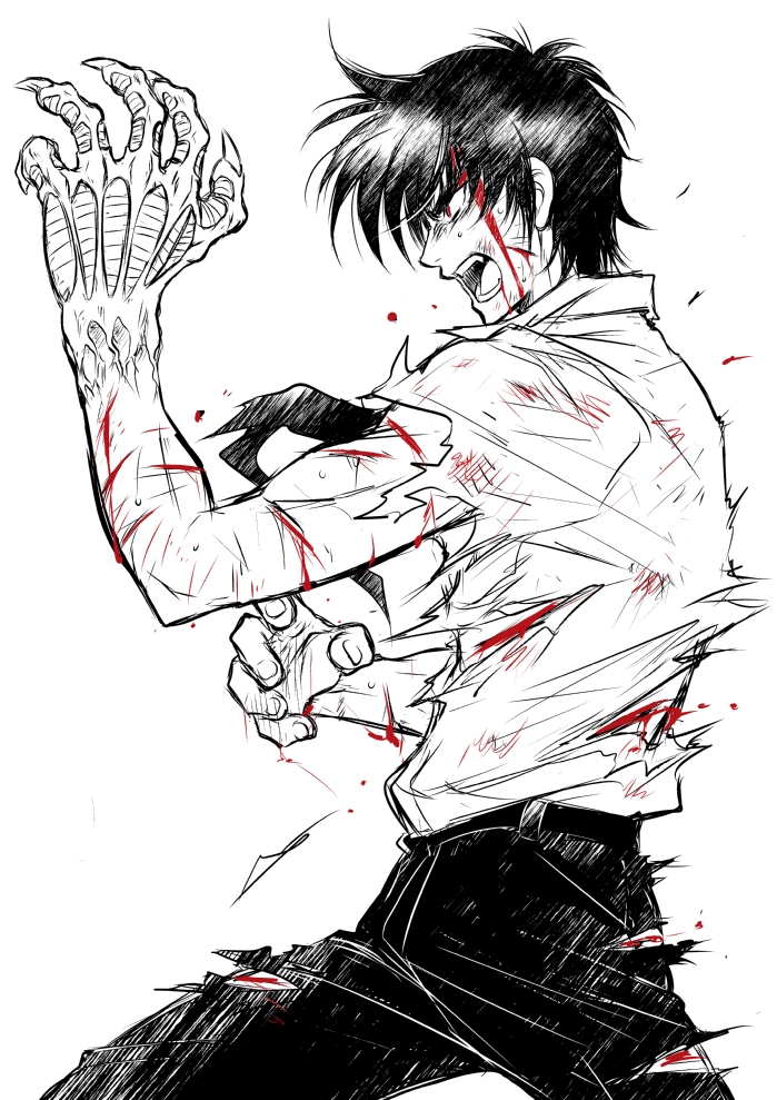 1boy black_hair bleeding blood blood_on_face claws cowboy_shot cuts fingernails greyscale injury jigoku_sensei_nube long_fingernails male_focus monochrome necktie nueno_meisuke open_mouth pants profile red_eyes sharp_fingernails shirt short_hair sketch solo teeth torn_clothes torn_pants torn_shirt wauwa