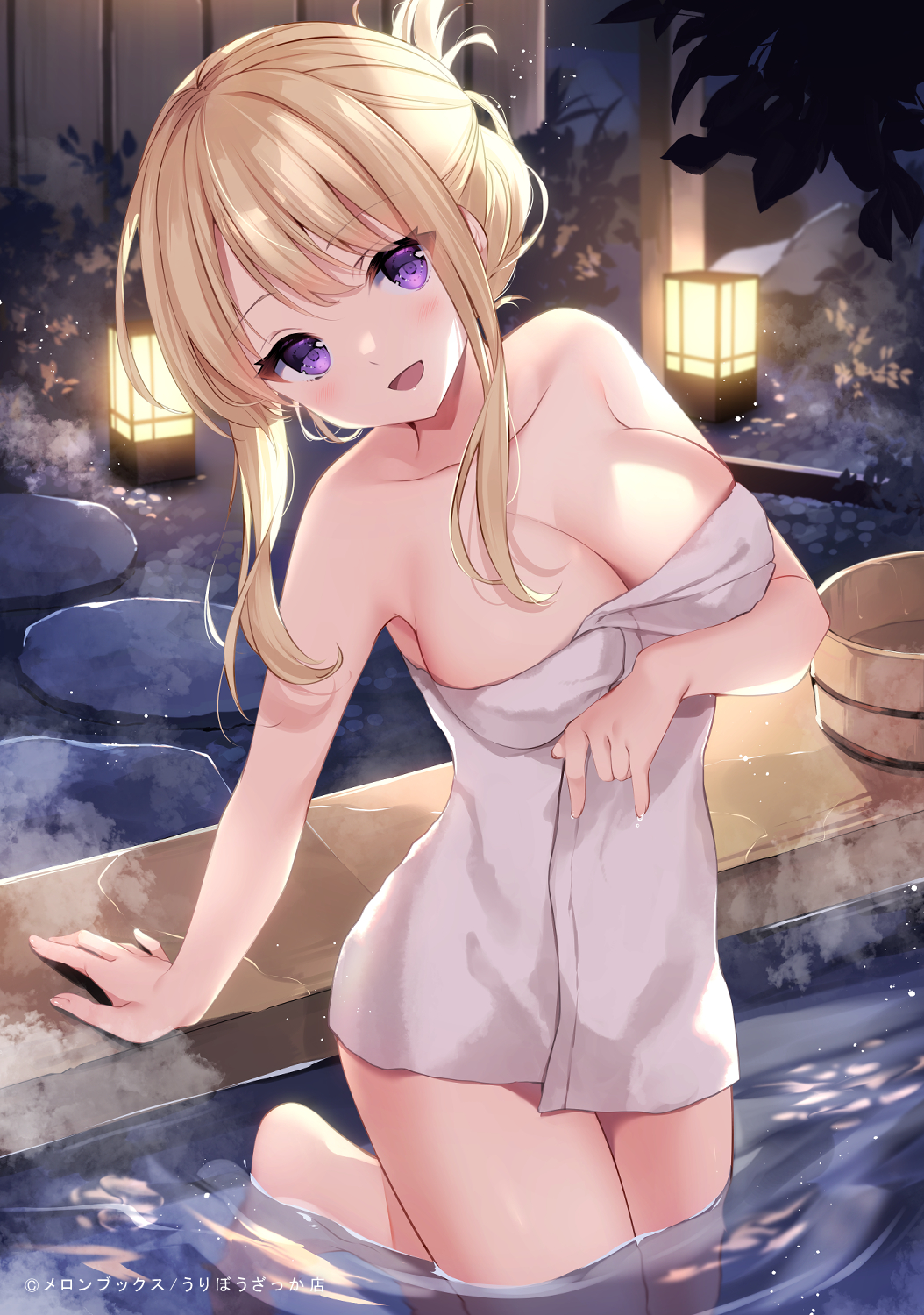 1girl :d arm_support arm_under_breasts bare_arms bare_shoulders barefoot basin blonde_hair blush breasts cleavage collarbone commentary curvy eyes_visible_through_hair hair_between_eyes hair_bun happy highres indoors irori lantern large_breasts long_hair looking_at_viewer melonbooks naked_towel night onsen open_mouth original purple_eyes ripples sidelocks single_hair_bun smile solo standing standing_on_one_leg steam thighs towel wading water