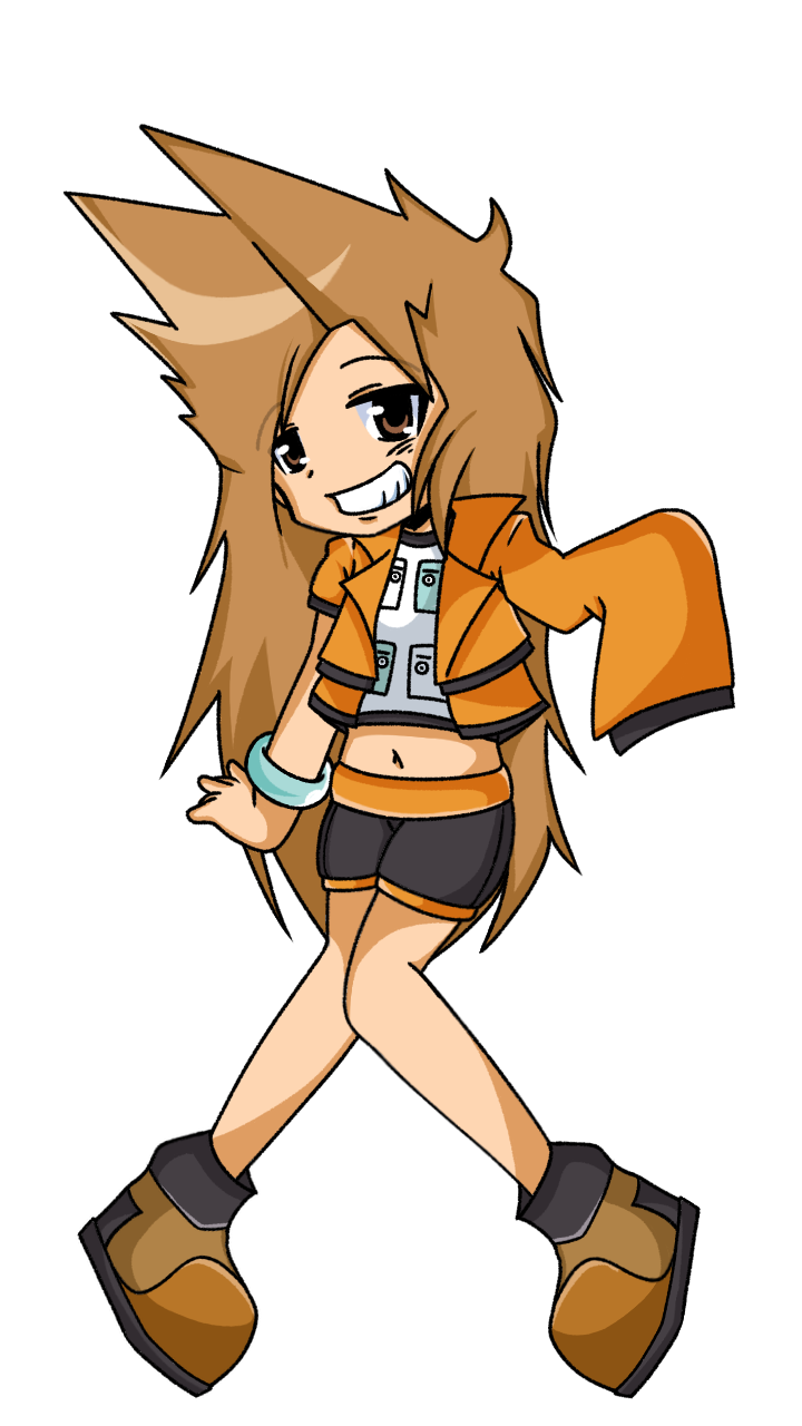 1girl ace_attorney boots bracelet brown_eyes brown_hair full_body highres jacket jewelry larry_butz legs_together long_hair long_sleeves multicolored_jacket non-web_source orange_jacket outline outstretched_hand puffy_short_sleeves puffy_sleeves raised_eyebrows short_sleeves smile spiked_hair transparent_background white_outline
