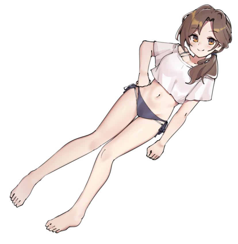 1girl aa211108 bikini black_bikini breasts brown_hair closed_mouth collarbone dutch_angle full_body groin hand_on_own_hip head_tilt idolmaster idolmaster_cinderella_girls idolmaster_cinderella_girls_starlight_stage kawashima_mizuki light_blush light_smile long_hair looking_at_viewer low_ponytail medium_breasts navel orange_eyes parted_bangs pigeon-toed ponytail shirt short_sleeves side-tie_bikini_bottom side_ponytail simple_background solo swimsuit wavy_hair white_background white_shirt