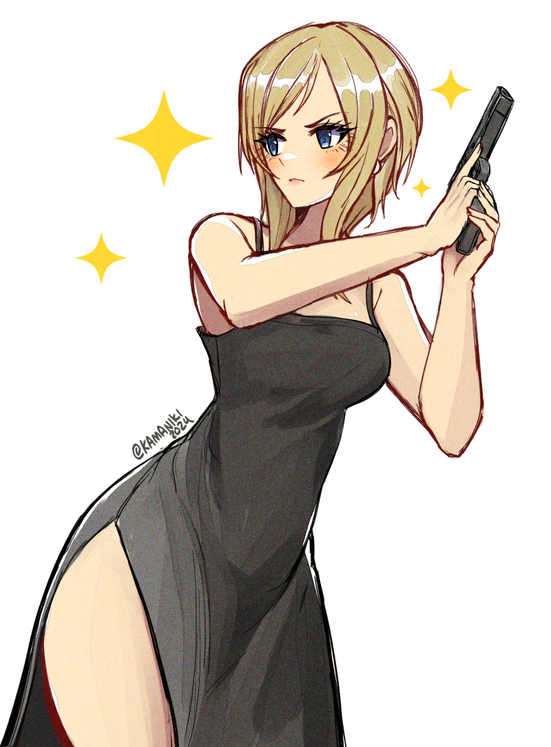 1girl aya_brea black_dress blonde_hair blue_eyes blush breasts closed_mouth commentary dress eyelashes gun handgun holding holding_gun holding_weapon kamaniki looking_to_the_side medium_breasts parasite_eve_(series) parted_bangs simple_background sleeveless sleeveless_dress solo sparkle standing v-shaped_eyebrows weapon white_background
