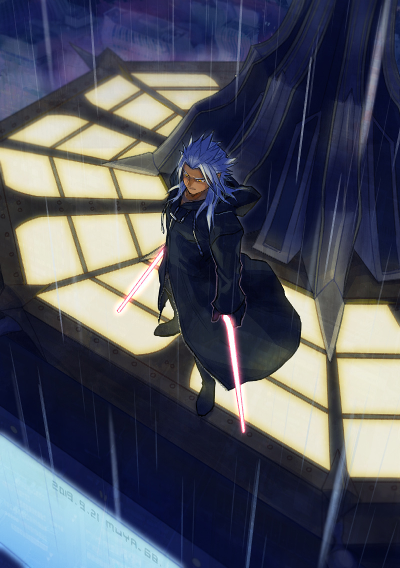 1boy black_boots black_coat black_coat_(kingdom_hearts) black_gloves boots building city coat commentary_request dark-skinned_male dark_skin dated energy_sword foreshortening from_above full_body gloves grey_hair kingdom_hearts kingdom_hearts_ii long_hair male_focus night outdoors parted_bangs rain signature skyloop19 smile solo spiked_hair sword weapon xemnas yellow_eyes