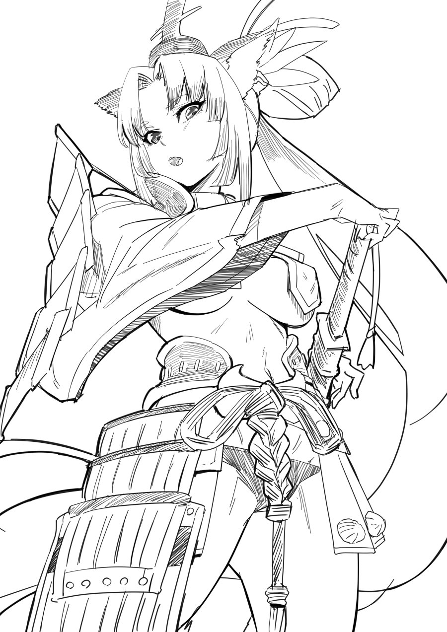 1girl animal_ear_fluff animal_ears armor bikini bikini_bottom_only breasts exocet_(exocet4) fate/grand_order fate_(series) from_below greyscale head_tilt highres holding holding_sheath holding_sword holding_weapon japanese_armor japanese_clothes large_breasts long_hair looking_at_viewer looking_down medium_breasts midriff monochrome navel open_mouth ponytail sheath sheathed shoulder_armor sode solo swimsuit sword underboob ushiwakamaru_(fate) very_long_hair weapon