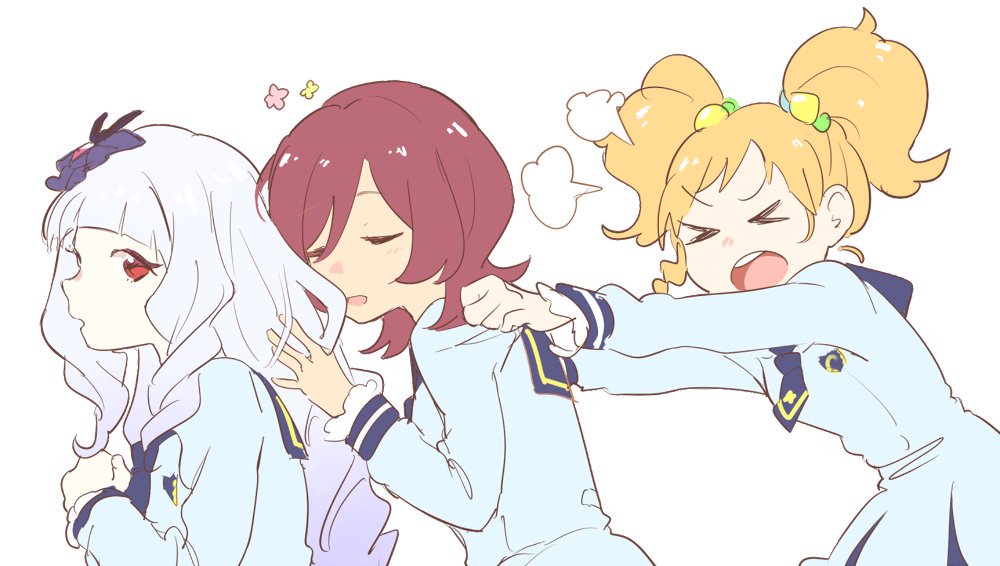 &gt;_&lt; 3girls aikatsu!_(series) aikatsu_stars! ashida_yuuri bad_id bad_twitter_id blonde_hair blue_dress blunt_bangs brown_hair closed_eyes dress dress_tug long_hair long_sleeves looking_at_viewer multiple_girls nikaido_yuzu open_mouth puff_of_air red_eyes school_uniform shiontaso shirogane_lily short_hair simple_background standing twintails white_background white_hair yotsuboshi_academy_school_uniform