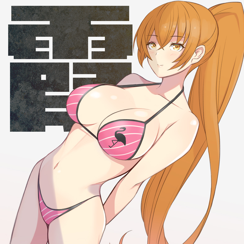 1girl arms_behind_back bare_arms bikini blush breasts cleavage closed_mouth collarbone cowboy_shot dead_or_alive dead_or_alive_xtreme dead_or_alive_xtreme_beach_volleyball flamingo_print kasumi_(doa) konishiki_(52siki) large_breasts long_hair looking_at_viewer navel orange_eyes orange_hair pink_bikini ponytail smile solo stomach striped_bikini striped_clothes swimsuit text_background very_long_hair white_background
