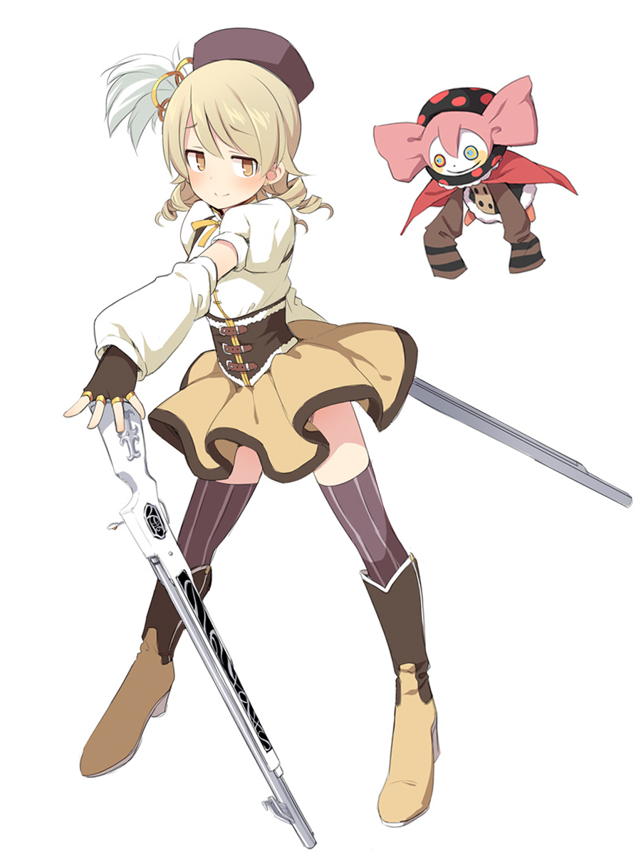 2girls black_gloves black_headwear black_thighhighs blush boots brown_eyes brown_footwear brown_hair brown_skirt charlotte_(madoka_magica) closed_mouth cosplay detached_sleeves fingerless_gloves full_body gloves gun highres idolmaster idolmaster_cinderella_girls knee_boots long_hair long_sleeves magical_musket mahou_shoujo_madoka_magica morikubo_nono multiple_girls pleated_skirt puffy_long_sleeves puffy_short_sleeves puffy_sleeves ringlets shirt short_sleeves simple_background skirt sleeves_past_wrists smile striped_clothes striped_thighhighs thighhighs thighhighs_under_boots tomoe_mami tomoe_mami_(cosplay) tomoe_mami_(magical_girl) uccow vertical-striped_clothes vertical-striped_thighhighs weapon white_background white_shirt white_sleeves