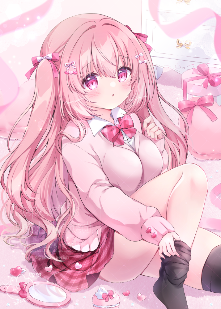 1girl :o black_thighhighs blush bow bowtie breasts carpet chest_of_drawers chiika_(cure_cherish) collared_shirt commentary_request dressing food hair_bow hair_intakes hair_ornament hand_mirror heart heart_hair_ornament knee_up large_breasts long_hair long_sleeves macaron mirror original outstretched_leg paid_reward_available pink_bow pink_bowtie pink_eyes pink_hair pink_nails pink_skirt pink_sweater plaid_clothes plaid_skirt shirt signature sitting skirt solo sweater thighhighs tia_(chiika_cure_cherish) twitter_username two_side_up very_long_hair watermark white_shirt