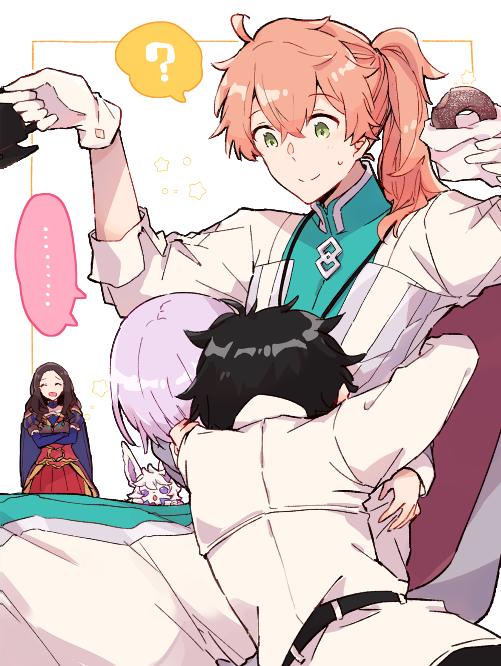 ... 2boys 2girls :d :o ? ^_^ ahoge arms_around_waist arms_up belt black_belt black_hair brown_hair chair chaldea_logo chaldea_security_organization chaldea_uniform closed_eyes closed_mouth coat creature crossed_arms cup donut fate/grand_order fate_(series) food fou_(fate) fujimaru_ritsuka_(male) green_eyes highres holding holding_cup holding_food hug jacket kak_hac lanyard leonardo_da_vinci_(fate) long_hair long_sleeves looking_down mash_kyrielight mug multiple_boys multiple_girls open_mouth orange_hair ponytail purple_hair romani_archaman shared_speech_bubble short_hair simple_background sitting smile speech_bubble spoken_ellipsis spoken_question_mark star_(symbol) sweat waist_hug white_background white_coat white_jacket