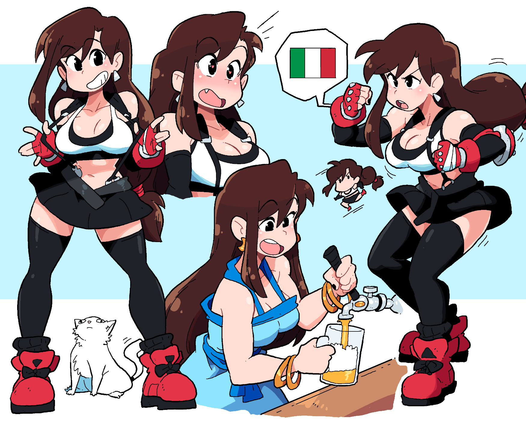 1girl alcohol armpit_crease asymmetrical_bangs bandaged_hand bandages bare_shoulders beer beer_mug beer_tap black_eyes black_gloves black_nails black_skirt black_socks black_sports_bra black_thighhighs blue_background blue_dress bracelet breasts brown_hair cat chibi cleavage collarbone commentary counter cowboy_shot crescent crescent_earrings crop_top cropped_legs cropped_torso cup dress earrings elbow_gloves elbow_pads fang final_fantasy final_fantasy_vii fingerless_gloves full_body gloves gold_bracelet gold_earrings grin hands_up heart heart-shaped_pupils highres italian_flag italian_senate_porn_livestream_(meme) jewelry light_blush long_hair looking_at_viewer looking_to_the_side low_ponytail medium_breasts miniskirt motion_lines mug multiple_views nail_polish navel open_mouth pleated_skirt ponytail red_footwear red_gloves round_teeth scott_malin shirt shoes simple_background single_sidelock skirt smile sneakers socks sports_bra standing straight_hair strap_pull suspender_skirt suspenders swept_bangs symbol-shaped_pupils teeth thighhighs tifa_lockhart two-tone_background upper_body upper_teeth_only v-shaped_eyebrows very_long_hair w_arms white_background white_cat white_shirt zettai_ryouiki
