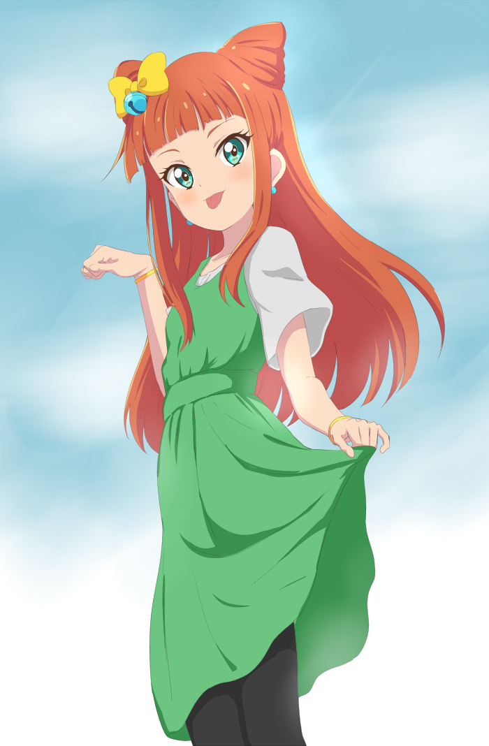 1girl :p aikatsu!_(series) aikatsu_stars! bell black_pantyhose blunt_bangs bow bracelet breasts cone_hair_bun double_bun dress earrings green_dress green_eyes grey_shirt hair_bow hair_bun jewelry lifting_own_clothes long_hair orange_hair pantyhose paw_pose saotome_ako shirt short_sleeves sincos sky small_breasts solo standing straight_hair sunlight t-shirt teasing tongue tongue_out yellow_bow