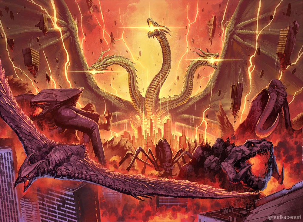 alien behemoth_(monsterverse) breath_weapon breathing_lightning bug city claws commentary_request dragon dragon_horns dragon_wings electricity energy fangs fire giant glowing glowing_eyes glowing_mouth godzilla:_king_of_the_monsters godzilla_(series) horns hydra kaiju king_ghidorah king_ghidorah_(monsterverse) legendary_pictures lightning methuselah_(monsterverse) monster monsterverse multiple_heads multiple_tails muto_(godzilla) muto_female no_humans nurikabe_(mictlan-tecuhtli) open_mouth queen_muto rodan rodan_(monsterverse) scales scylla_(monsterverse) sharp_teeth sky spider tail teeth toho wings