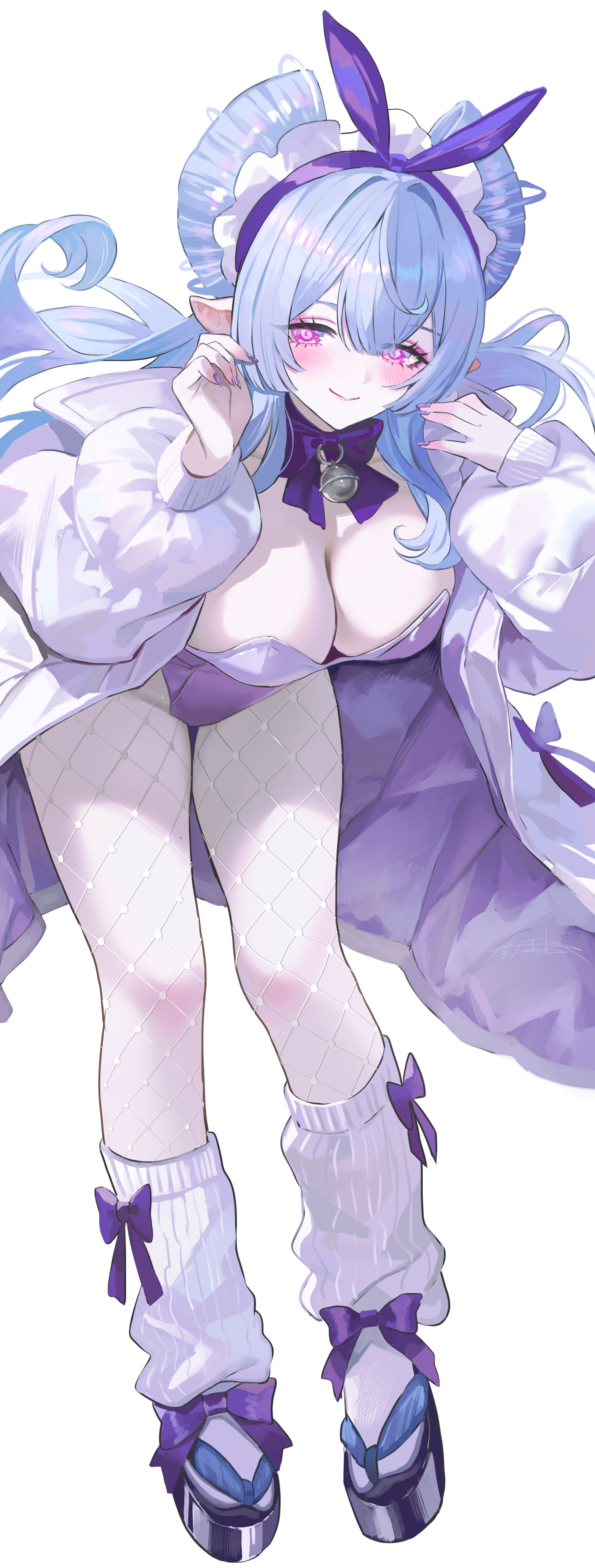 1girl absurdres bell blue_hair blush bow bowtie breasts cleavage closed_mouth fingernails fishnet_pantyhose fishnets footwear_bow genshin_impact highres jacket large_breasts leaning_forward leotard long_hair long_sleeves maria_(maria_rose) multicolored_jacket nail_polish neck_bell nihongami open_clothes open_jacket pale_skin pantyhose pink_eyes playboy_bunny pointy_ears purple_bow purple_bowtie purple_jacket purple_leotard purple_nails purple_ribbon purple_sandals ribbed_socks ribbon sandals simple_background smile socks solo thighs two-tone_jacket white_background white_jacket white_pantyhose white_socks yumemizuki_mizuki