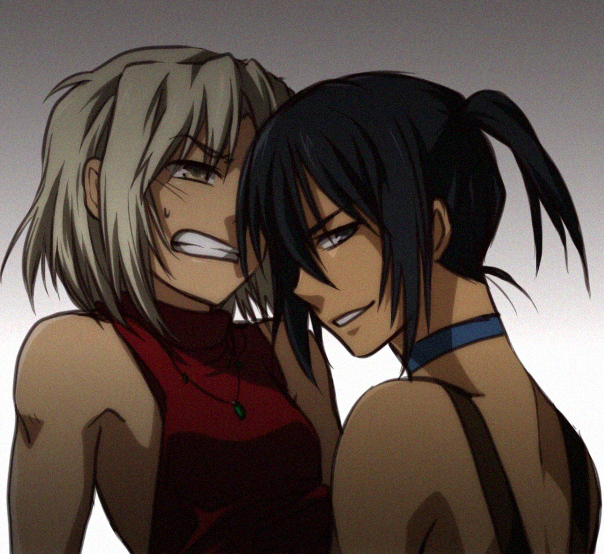 2girls 428 428:_fuusa_sareta_shibuya_de alphard_(canaan) androgynous bare_shoulders canaan_(character) canaan_(series) chunsoft clenched_teeth flat_chest jewelry looking_back multiple_girls necklace re_ghotion reverse_trap short_hair sleeveless smile smirk suspenders teeth