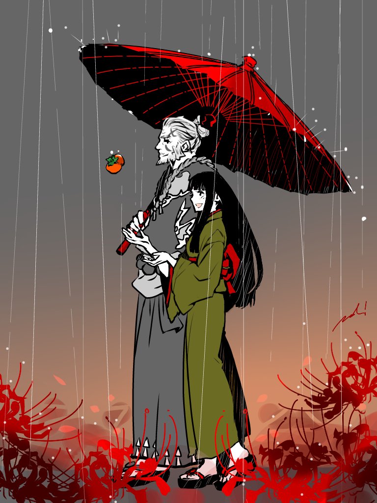 1boy 1girl black_hair blunt_bangs colored_skin facial_tattoo final_fantasy final_fantasy_xiv flower food from_side fruit full_body gosetsu_daito green_kimono grey_sky holding holding_umbrella hyur japanese_clothes kimono long_hair mochi_(hanamaruudondesu) obi okobo old old_man open_mouth outdoors persimmon platform_sandals profile rain red_flower sandals sash sky smile spider_lily tattoo umbrella walking white_hair white_skin yotsuyu_goe_brutus