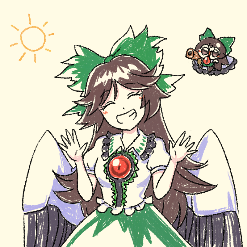 1girl bird_wings black_hair black_wings bow cape chibi chibi_inset closed_eyes collared_shirt commentary facing_viewer green_bow hair_bow numenoko reiuji_utsuho shirt short_sleeves simple_background smile sun tan_tan_pou third_eye touhou white_cape white_shirt wings