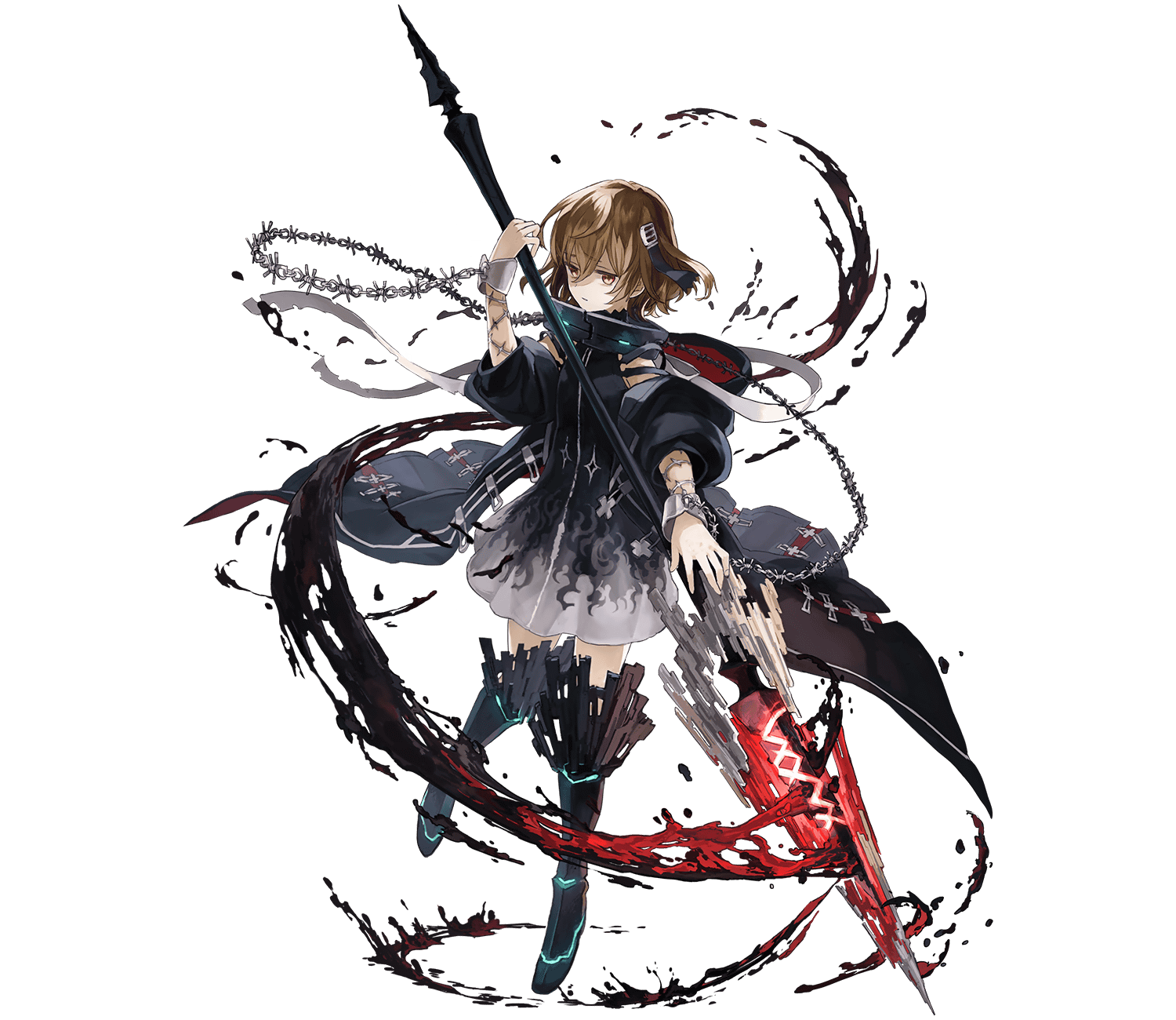 1girl black_boots black_dress black_jacket black_killers_(phantom_of_the_kill) boots bracelet brown_eyes brown_hair chain closed_mouth collar dress full_body glowing glowing_weapon hair_ornament highres holding holding_polearm holding_weapon hood hooded_jacket jacket jewelry longinus_(phantom_of_the_kill) official_art phantom_of_the_kill polearm simple_background solo standing transparent_background watarubou weapon