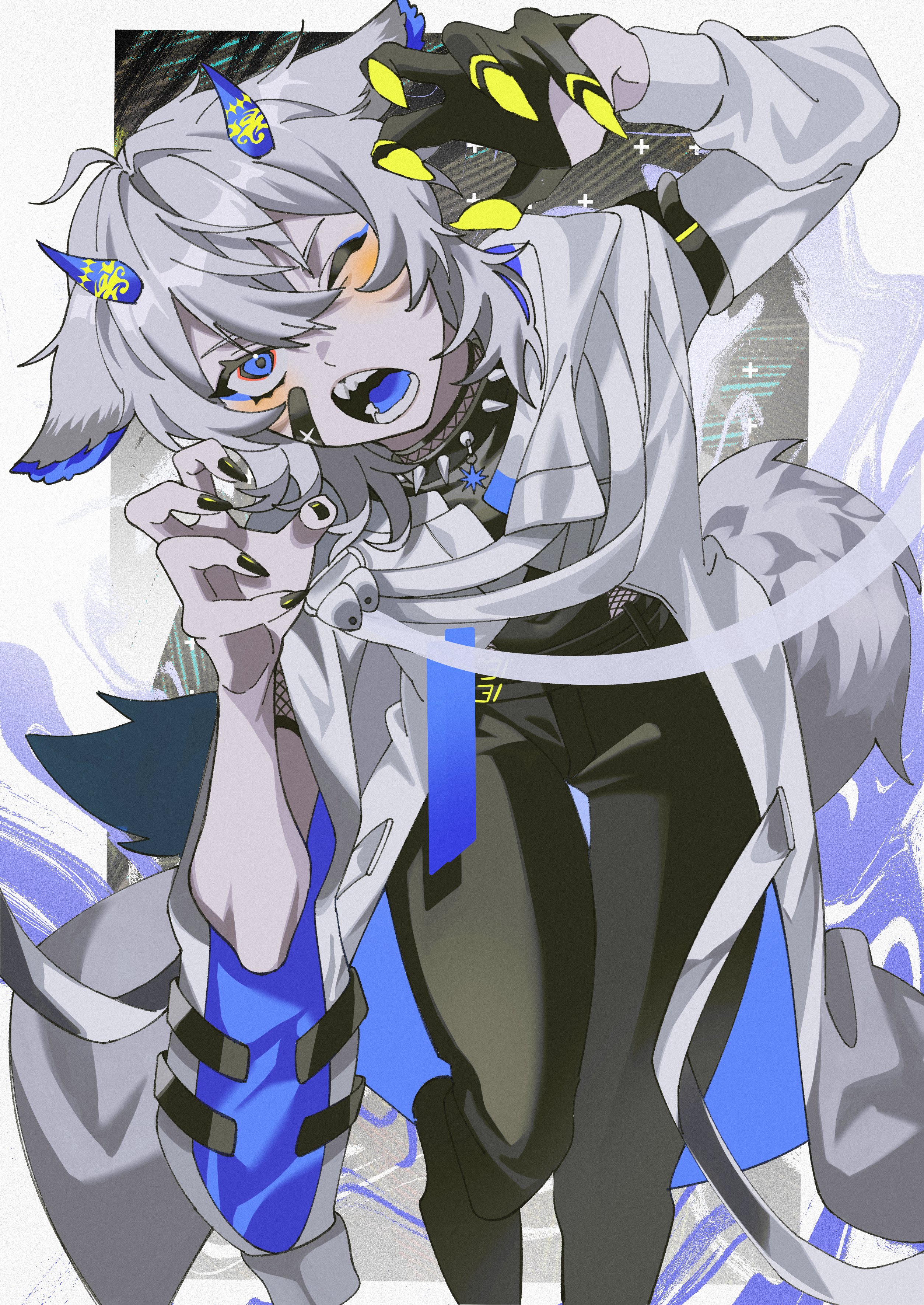 1boy absurdres animal_ears bandages bishounen black_bandages black_gloves black_nails black_pants black_shoes black_undershirt blue_eyes blue_tongue collar colored_tongue commission demon_boy demon_horns double-parted_bangs fishnets gao gloves highres hiramaru horns indie_virtual_youtuber jacket one_eye_closed open_clothes open_jacket pale_skin pants senz_(third_costume) senz_(vtuber) sharp_nails shoes solo spiked_collar spikes tail virtual_youtuber white_hair wolf_boy wolf_cut wolf_ears wolf_tail