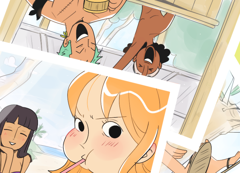 2girls 3boys ^_^ arm_up black_hair blunt_bangs blush cesel closed_eyes commentary cup dark-skinned_male dark_skin eating holding holding_cup monkey_d._luffy multiple_boys multiple_girls nami_(one_piece) nico_robin one_piece outdoors photo_(object) roronoa_zoro sandals usopp