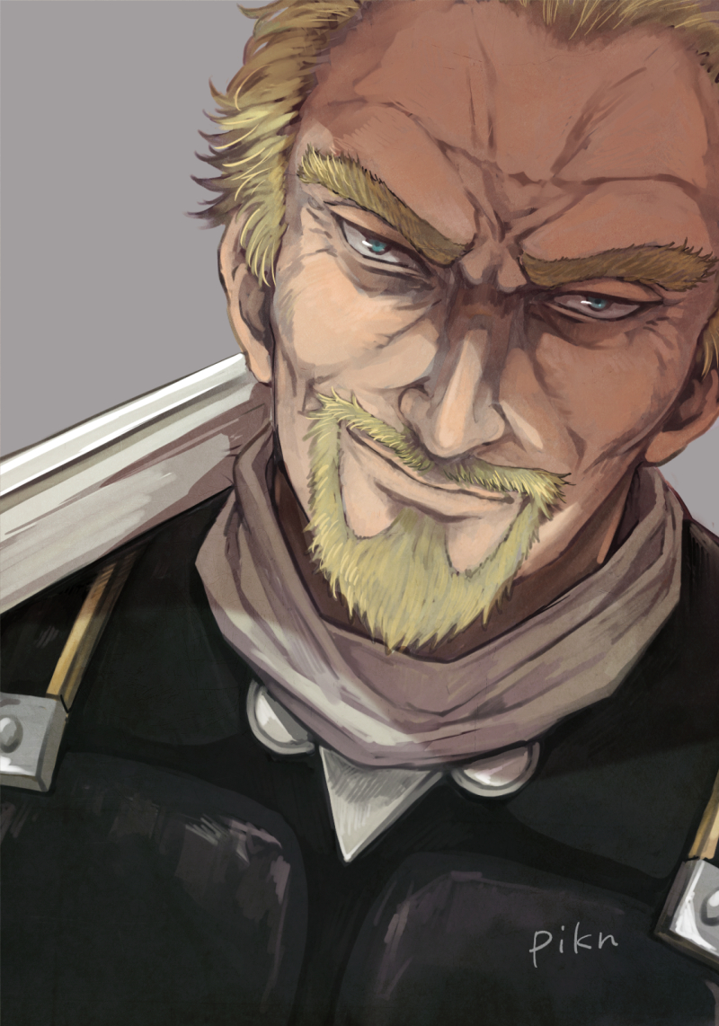 1boy askeladd beard blonde_hair blue_eyes closed_mouth facial_hair grey_background looking_at_viewer male_focus mo_cha_ri mustache portrait short_hair signature smile solo sword very_short_hair vinland_saga weapon