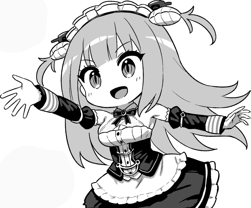 1girl azur_lane azur_lane:_slow_ahead breasts chibi chibi_only cleavage corset cropped_legs detached_sleeves dress greyscale hori_(hori_no_su) large_breasts long_hair maid maid_headdress monochrome neptune_(azur_lane) open_mouth ribbon short_twintails simple_background smile solo standing twintails white_background