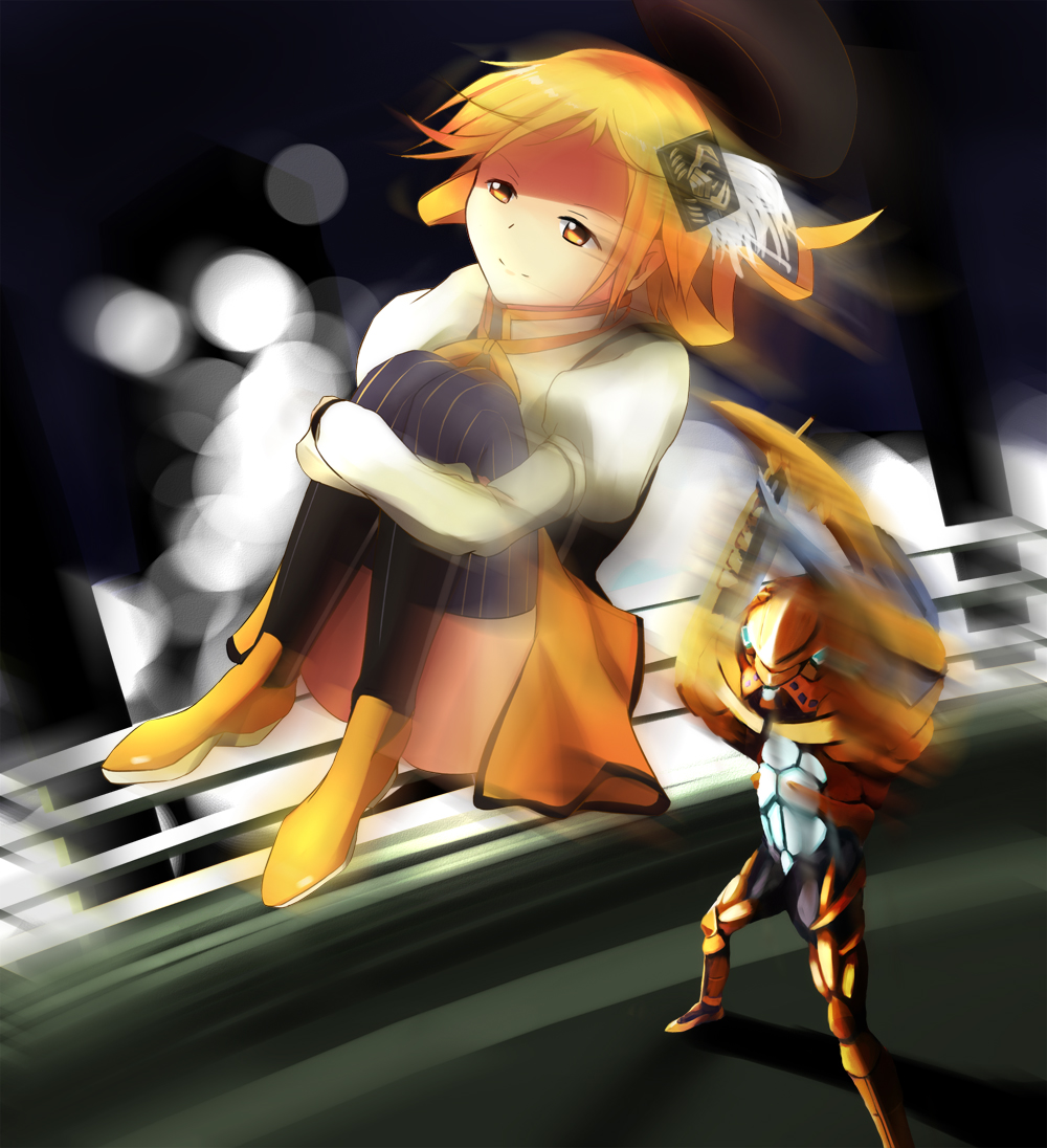10s 1girl bad_id bad_pixiv_id beret blonde_hair boots crab crossover drill_hair fumei_(mugendai) hair_ornament hat hugging_own_legs kamen_rider kamen_rider_ryuki_(series) kamen_rider_scissors magical_girl mahou_shoujo_madoka_magica mahou_shoujo_madoka_magica_(anime) pleated_skirt puffy_sleeves skirt thighhighs tomoe_mami tomoe_mami_(magical_girl) volcancer yellow_eyes