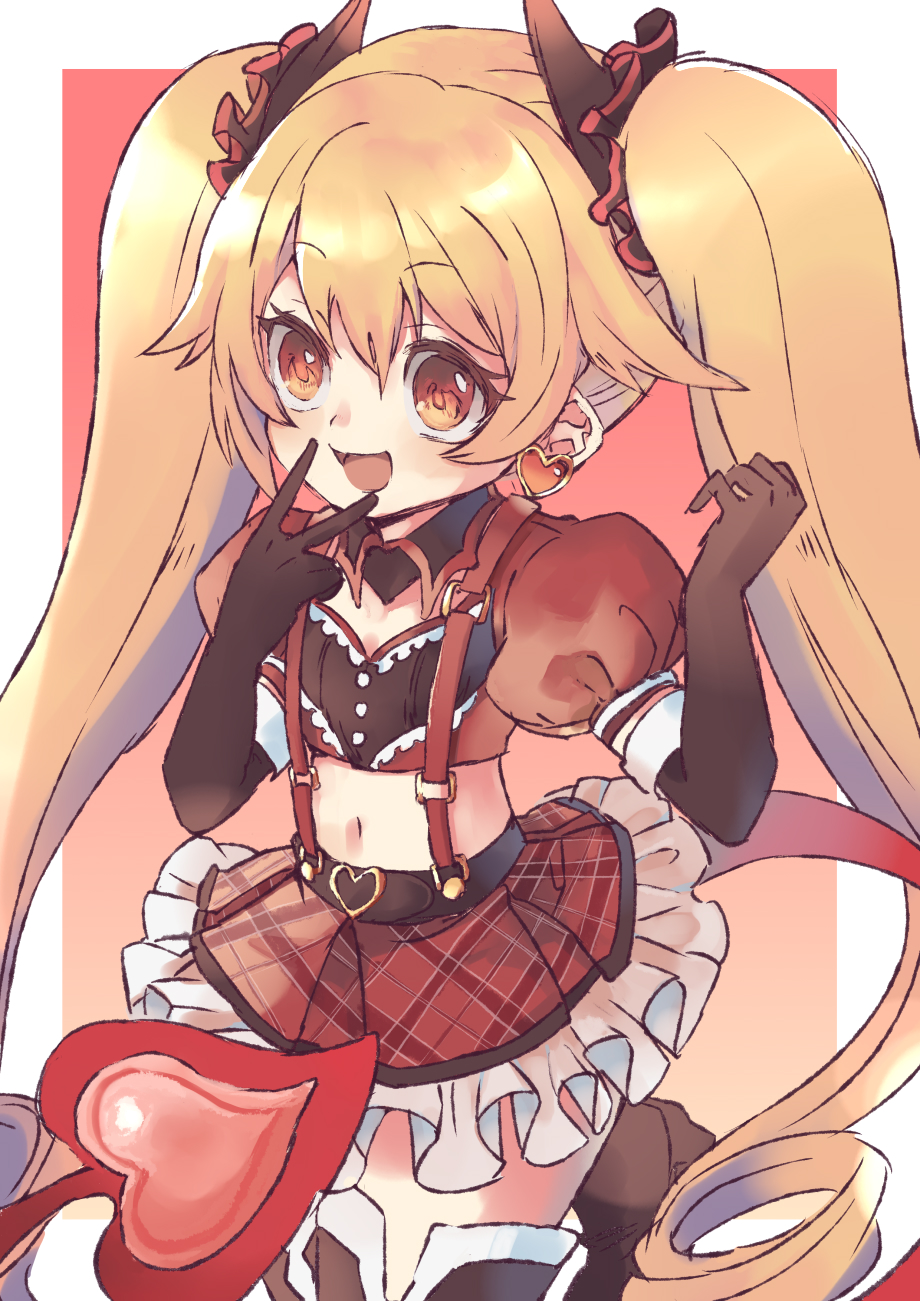 1girl :d blonde_hair brown_eyes brown_gloves commentary_request cropped_shirt earrings elbow_gloves frilled_skirt frills gloves hands_up heart heart_earrings highres horns jewelry kidhukaji kisaki_emiri long_hair looking_at_viewer magia_record:_mahou_shoujo_madoka_magica_gaiden magical_girl mahou_shoujo_madoka_magica midriff open_mouth plaid_clothes plaid_skirt red_shirt red_skirt shirt skirt smile solo standing suspender_skirt suspenders tail twintails v v_over_mouth very_long_hair