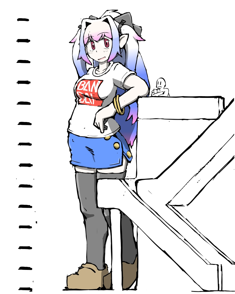 1boy 1girl black_bow black_thighhighs blue_hair blue_skirt borrowed_character bow bracelet breasts brown_footwear building giant giantess gradient_hair hair_bow hair_intakes jewelry loafers logo long_hair macross medium_breasts meltrandi multicolored_hair original pink_eyes pink_hair pointy_ears shirt shoes short_sleeves skirt smile standing task_(s_task80) thighhighs tri_tails very_long_hair white_background white_hair white_shirt zettai_ryouiki