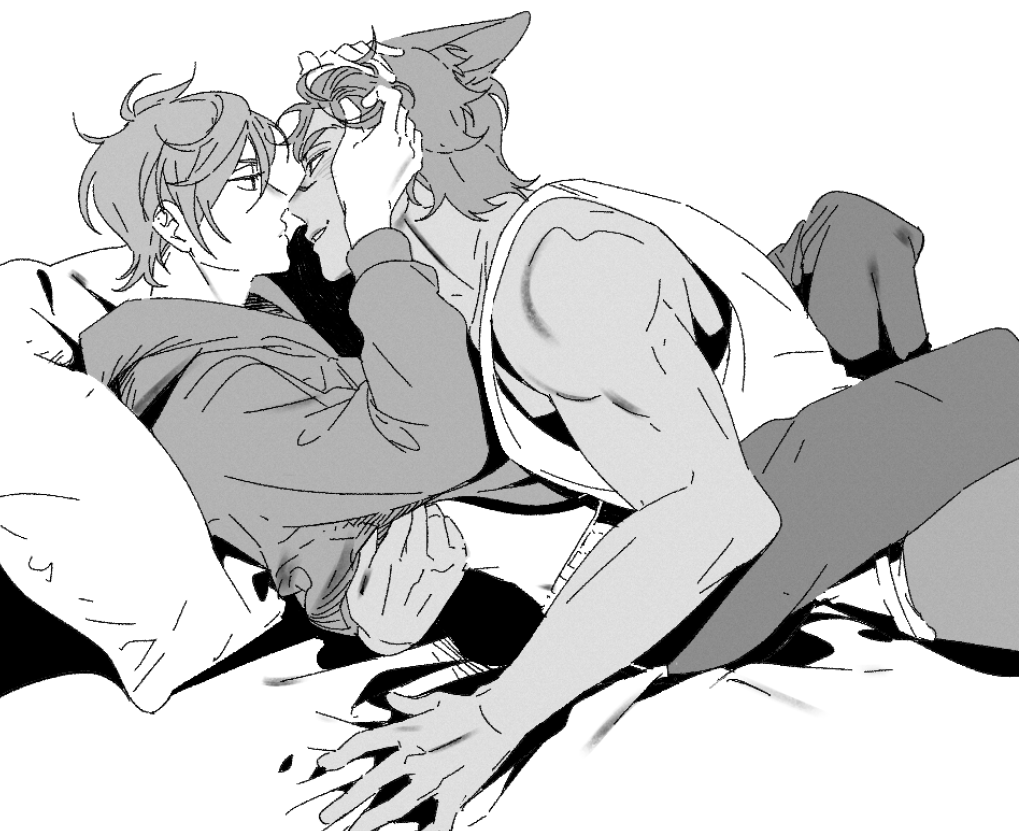 2boys animal_ears aphelios arm_around_waist bare_shoulders bed_sheet between_legs ears_back eye_contact feet_out_of_frame hand_in_another&#039;s_hair hood hood_down hoodie league_of_legends leaning leaning_back long_sleeves looking_at_another male_focus multiple_boys pants parted_lips scar scar_on_face sett_(league_of_legends) sheet_grab shirt short_hair simple_background smile tank_top tpxvpfajrdma white_background yaoi