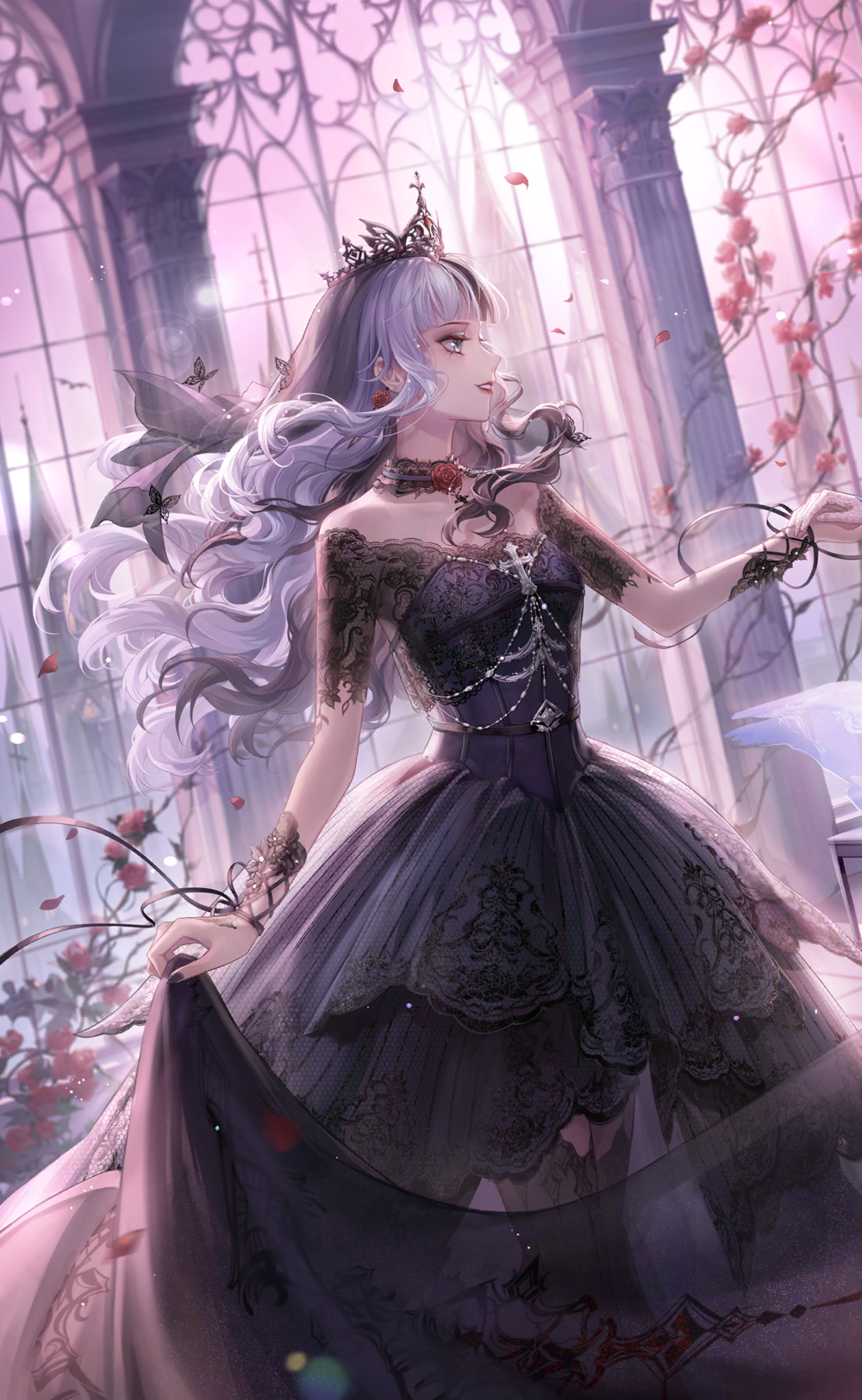 1girl artist_request bare_shoulders black_arm_warmers black_choker black_dress black_hair black_nails black_ribbon black_shirt black_tiara black_veil bride castle choker church cowboy_shot cross cross-laced_armwear day dress drunken_rose_(shining_nikki) earrings eyeshadow floral_print flower flower_earrings game_cg gothic_lolita grey_eyes grey_eyeshadow grey_thighhighs hand_on_another&#039;s_hand happy highres indoors jewelry lace lace-trimmed_thighhighs lace_arm_warmers lace_choker lace_shirt lace_trim light_particles lipstick lolita_fashion long_dress looking_to_the_side makeup multicolored_hair nail_polish neck_flower neck_ribbon night_witch_(shining_nikki) nikki_(series) off-shoulder_shirt off_shoulder official_art open_mouth outstretched_arm petals pillar pink_sky red_flower red_lips red_rose ribbon rose rose_petals shining_nikki shirt shirt_under_dress short_sleeves sidelocks skirt_hold sky smile solo_focus split-color_hair sun sunrise table teeth thighhighs thorns tiara tile_floor tiles train_(clothing) two-tone_hair veil wavy_hair wedding_dress white_hair window wrist_ribbon