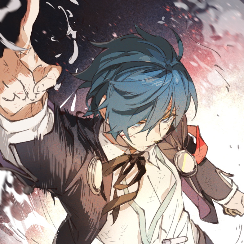 1boy arm_up armband black_jacket black_ribbon blue_eyes blue_hair closed_mouth collared_shirt digital_media_player digital_walkman expressionless gekkoukan_high_school_uniform hair_between_eyes headphones headphones_around_neck index_finger_raised jacket male_focus neck_ribbon persona persona_3 pointing pointing_up red_armband ribbon school_uniform shirt short_hair solo upper_body walkman_nw-s203f white_shirt xing_20 yuuki_makoto_(persona_3)