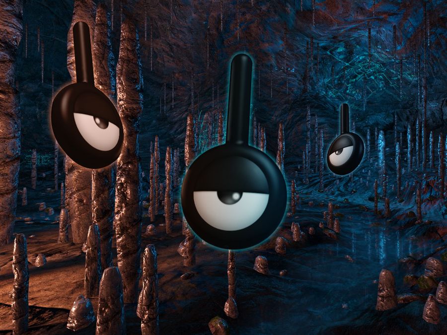 black_eyes cave commentary_request creature dark floating full_body gen_2_pokemon ilkcmp looking_at_viewer md5_mismatch nintendo no_humans pokemon pokemon_(creature) resolution_mismatch river rock source_larger unown unown_! water