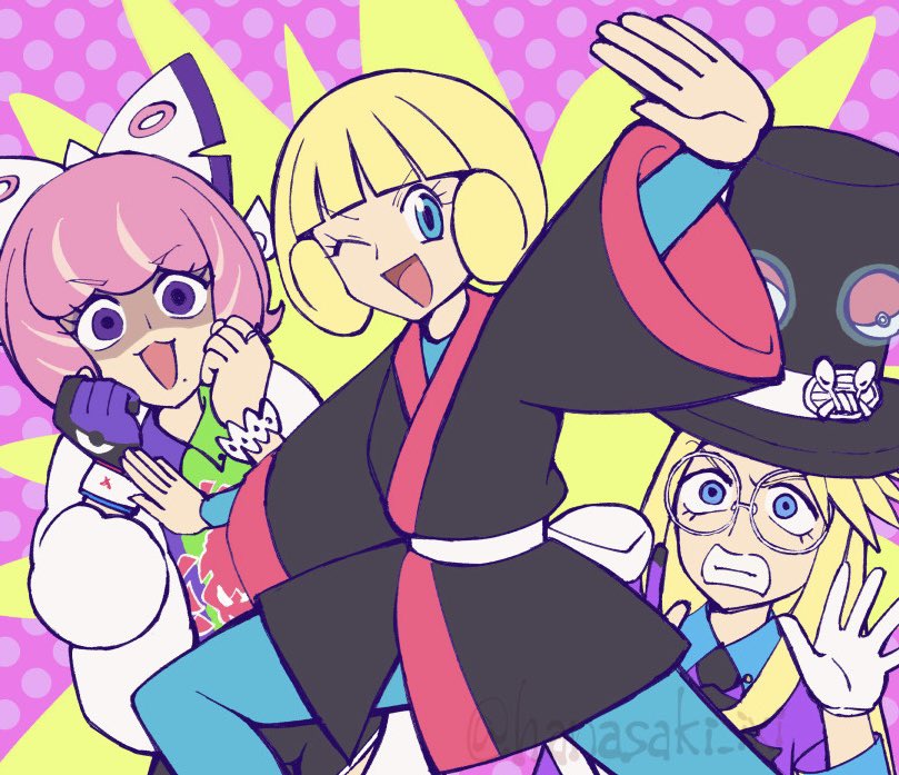 1boy 2girls asymmetrical_gloves avery_(pokemon) black_hat blonde_hair blue_eyes bodysuit bodysuit_under_clothes dynamax_band glasses gloves greta_(pokemon) hanasaki_(1470267) hat klara_(pokemon) mismatched_gloves mole mole_under_mouth multiple_girls nintendo one_eye_closed pink_hair poke_ball poke_ball_(basic) pokemon pokemon_emerald pokemon_masters_ex pokemon_rse pokemon_swsh purple_eyes round_eyewear shaded_face single_glove top_hat wide_sleeves