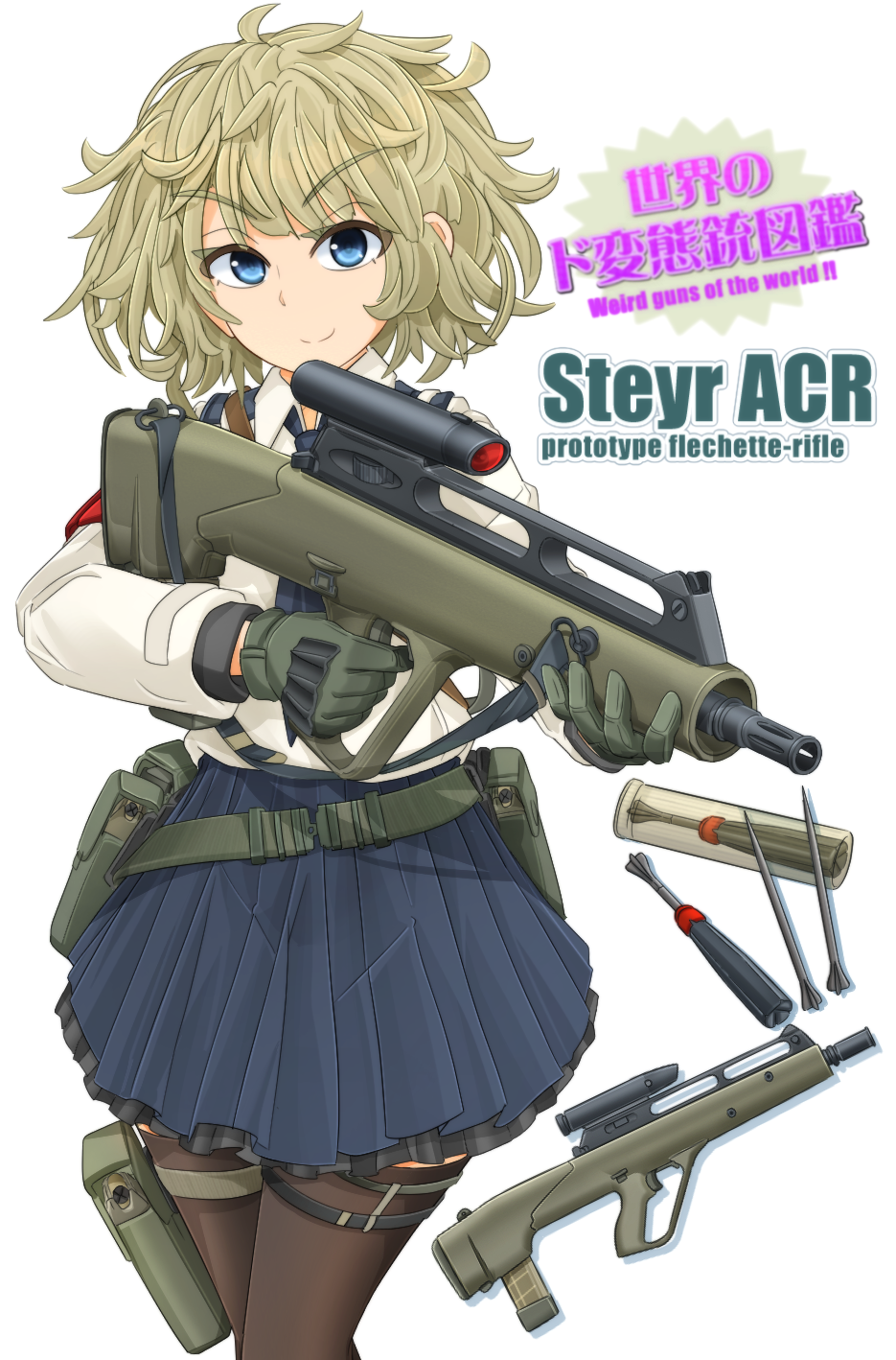 1girl 5.56x45mm_scf advanced_combat_rifle_(military_program) advanced_individual_weapon_system_(military_program) advanced_infantry_weapon_system_(military_program) ammunition ammunition_focus ammunition_pouch annular_primer assault_rifle belt birdcage_flash_hider black_necktie black_thighhighs blouse blue_eyes blue_skirt bullpup burst_fire_gun burst_fire_rifle carbine_cartridge chart closed_mouth collared_shirt commentary cowboy_shot cross-section dart double-stack_magazine double-stack_single-feed_magazine english_text female_focus flechette gloves green_gloves grey_belt gun highres holding holding_gun holding_weapon interior intermediate_cartridge japanese_text light_brown_hair lightning_holes long_gun long_sleeves looking_at_viewer magazine_(weapon) mikeran_(mikelan) military military_cartridge military_program miniskirt muzzle_device necktie needle needlegun original pleated_skirt polymer-cased_ammunition pouch primer_(firearms) prototype prototype_design rifle rifle_cartridge ring_primer_(firearms) sabot scope see-through_clothes shirt sight_(weapon) simple_background single-feed_magazine skirt smile solo standing steel_(metal) steyr_acr steyr_arms sub-caliber_ammunition supersonic_ammunition telescoped_ammunition telescopic_sight text_focus thigh_pouch thigh_strap thighhighs translation_request translucent utility_belt weapon weapon_focus weapon_name weird_guns_of_the_world white_background white_shirt