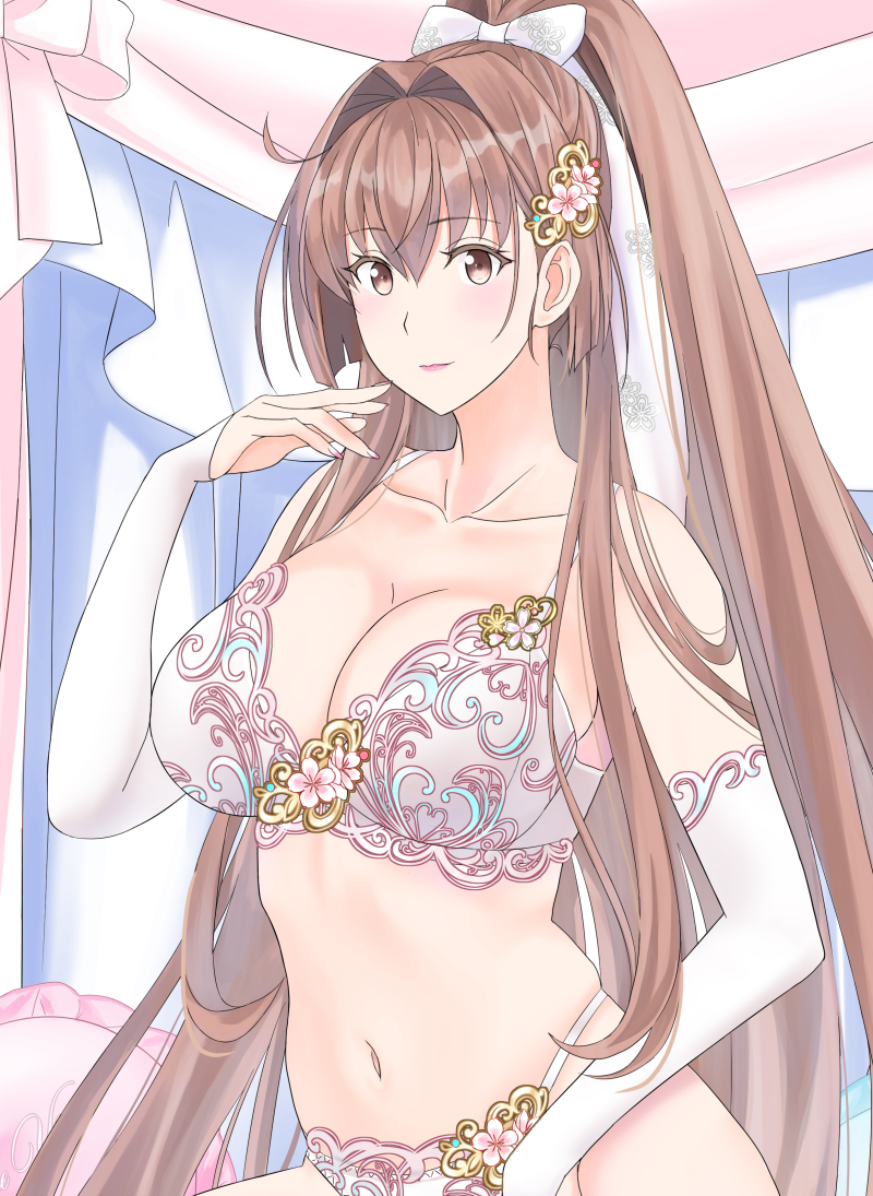 1girl alternate_costume bra breasts bridal_gauntlets brown_hair cleavage cowboy_shot curtains hair_intakes hair_ribbon kantai_collection large_breasts lingerie long_hair navel panties red_eyes ribbon solo takase_asagiri underwear white_bra white_bridal_gauntlets white_panties yamato_(kancolle)