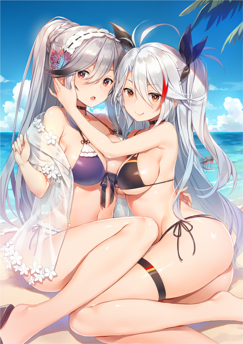 2girls :q ahoge ass azur_lane bare_shoulders barefoot beach bikini black_bikini black_choker black_hair black_ribbon blue_sky blush breast_press breasts brown_eyes butterfly_hair_ornament choker cleavage cloud cloudy_sky collarbone day dunkerque_(azur_lane) dunkerque_(summer_sucre)_(azur_lane) flag_print flip-flops flower front-tie_top german_flag_bikini gradient_hair grey_hair hair_between_eyes hair_ornament hair_ribbon hairband highres long_hair looking_at_viewer medium_breasts multicolored_hair multiple_girls navel ocean off_shoulder official_alternate_costume open_mouth outdoors palm_tree ponytail prinz_eugen_(azur_lane) prinz_eugen_(unfading_smile)_(azur_lane) purple_bikini red_eyes red_hair ribbon sandals see-through_clothes shiny_skin shore side-tie_bikini_bottom sideboob sidelocks sitting sky smile stomach streaked_hair swimsuit thigh_strap thighs tongue tongue_out tree two_side_up underboob very_long_hair water white_hair yuuki_hagure