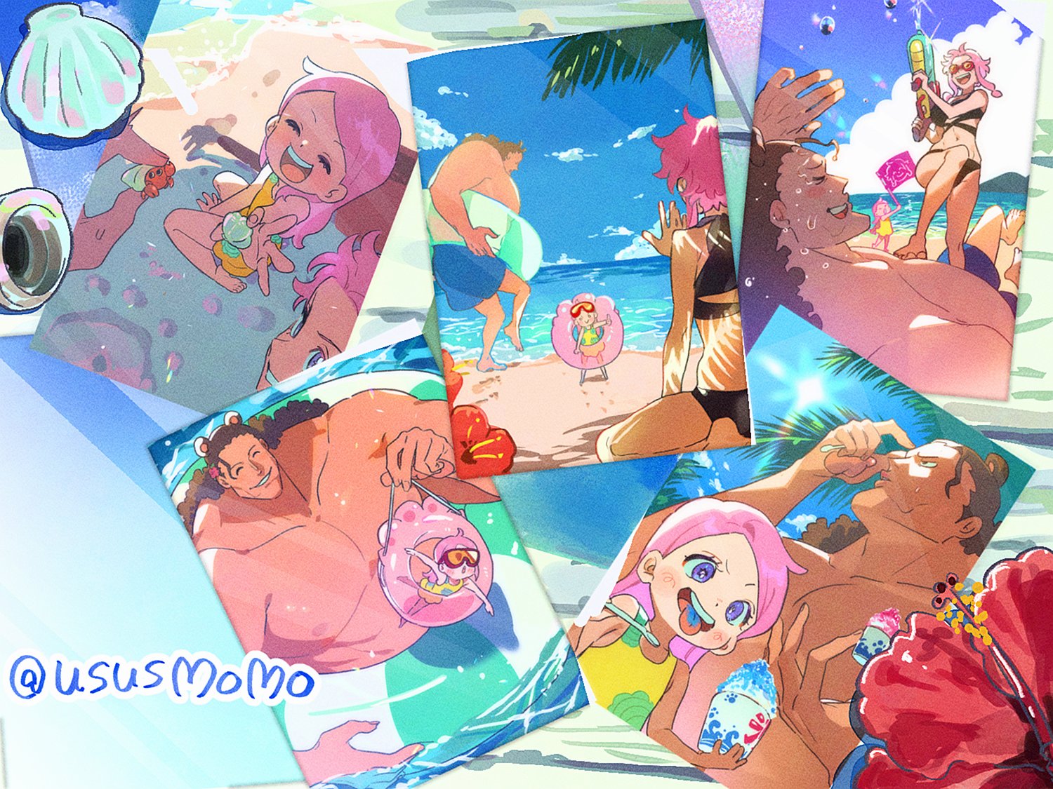 1boy 2girls animal animal_ears bartholomew_kuma beach bear_ears bikini black_bikini brown_hair child dress family father_and_daughter flag flower food ginny_(one_piece) hair_flower hair_ornament hermit_crab holding holding_animal holding_flag holding_spoon holding_water_gun innertube jewelry_bonney long_hair mother_and_daughter multiple_girls ocean one_piece open_mouth palm_tree photo_(object) pink_hair purple_eyes red_flower seashell shaved_ice shell short_hair sidelocks smile spoon swim_ring swimsuit teeth tongue tongue_out topless_male tree twitter_username upper_teeth_only ususmomo water_gun yellow_dress
