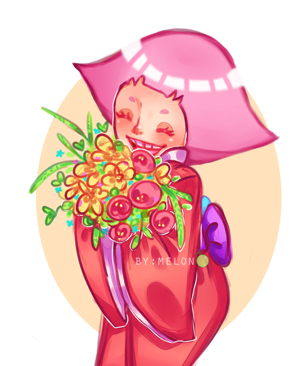 1girl ^_^ artist_name bouquet child closed_eyes cowboy_shot flower highres holding holding_bouquet japanese_clothes kimono obi one_piece pink_hair purple_sash red_kimono sash short_hair smile spanish_commentary toko_(one_piece) wataamemelon wide_sleeves