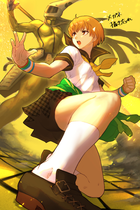 1girl atlus bike_shorts breasts brown_eyes brown_hair nekobayashi_(nekoforest) open_mouth persona persona_4 satonaka_chie school_uniform sega short_hair skirt