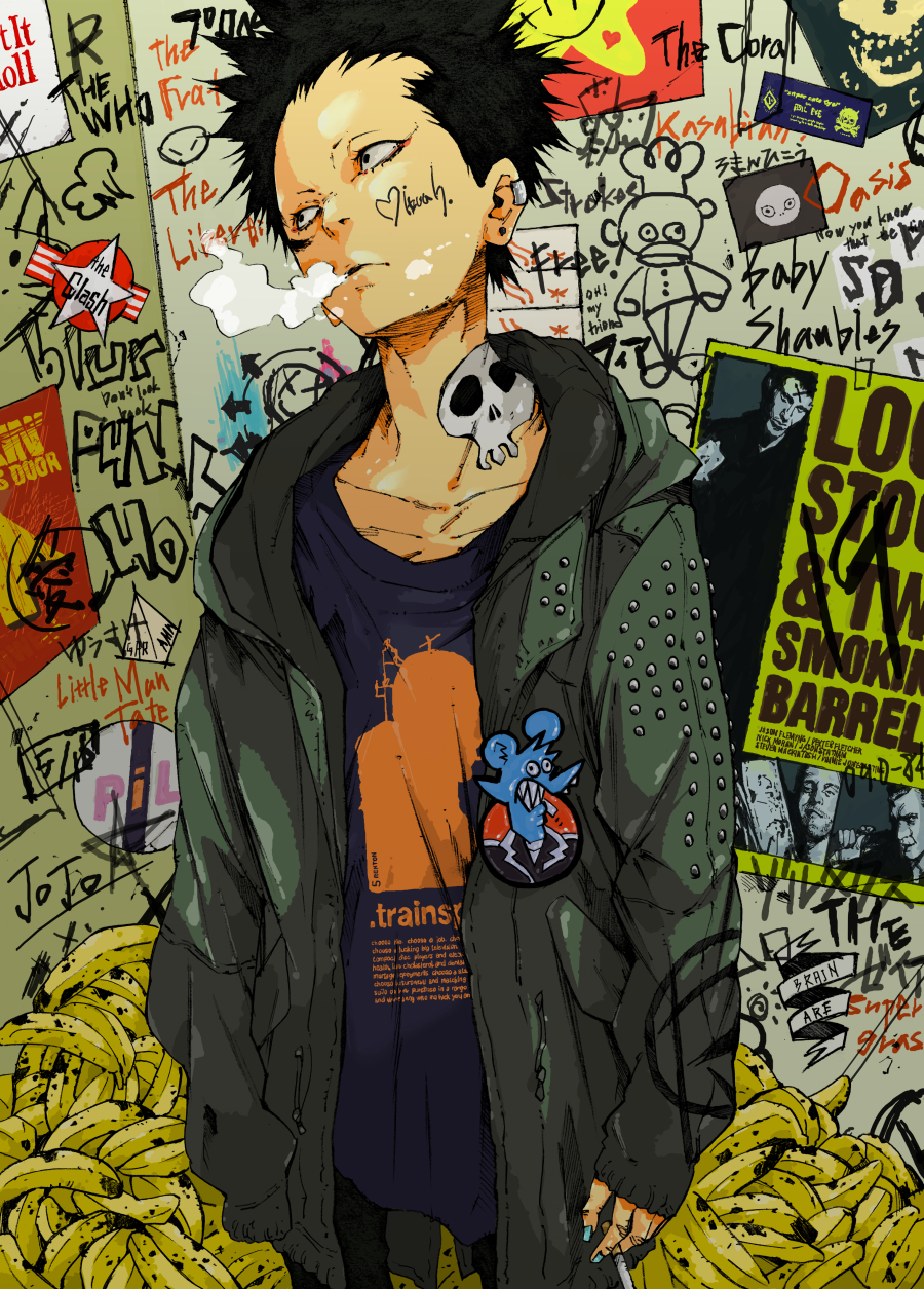 1boy banana black_eyes black_hair cigarette earrings food fruit graffiti graphite_(medium) highres jacket jewelry makkamu male_focus mechanical_pencil original pencil piercing poster_(object) sanpaku shirt short_hair smoking solo t-shirt tattoo traditional_media