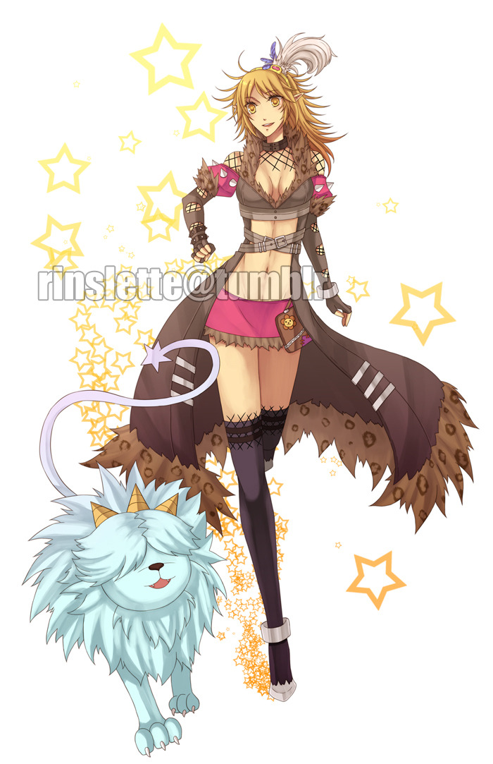 1girl black_thighhighs blonde_hair breasts brown_coat brown_gloves coat commentary commission cross-laced_clothes cross-laced_gloves cross-laced_top elbow_gloves english_commentary fingerless_gloves full_body fur-trimmed_coat fur_trim gloves grey_shoes hillslion long_hair medium_breasts midriff miniskirt navel open_mouth pink_skirt plume pointy_ears ragnarok_online rinslette shadow_chaser_(ragnarok_online) shoes simple_background skirt smile solo star_(symbol) thighhighs white_background yellow_eyes