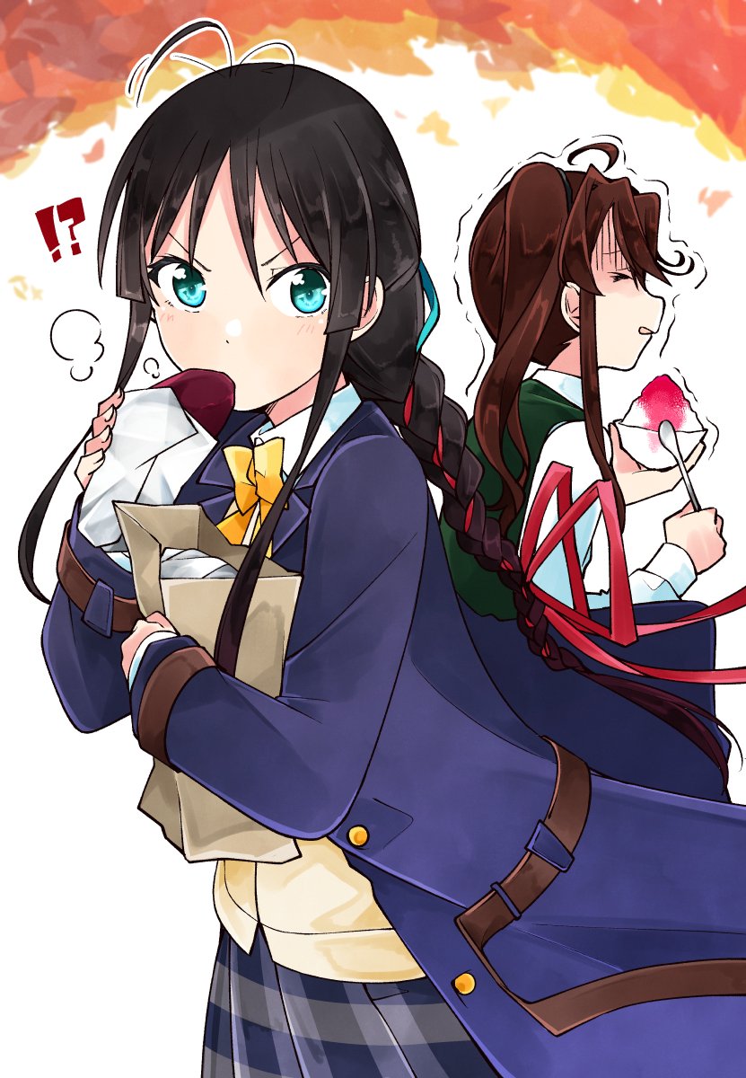 !? 22/7 2girls antenna_hair bag black_hair blue_jacket bow bowtie braid braided_ponytail brown_hair cardigan collared_shirt eating food from_side green_eyes green_ribbon green_vest hair_ribbon high_side_ponytail highres holding holding_bag holding_spoon jacket long_hair long_sleeves looking_at_viewer multiple_girls open_clothes open_jacket paper_bag plaid_clothes plaid_skirt red_ribbon ribbon roasted_sweet_potato school_uniform shaved_ice shirt sidelocks skirt spoon standing steam sweet_potato toda_jun trefle_r v-shaped_eyebrows vest white_shirt yagami_toa yellow_bow yellow_bowtie yellow_cardigan